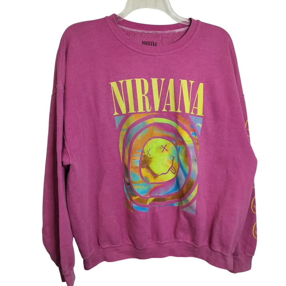 4884) Nirvana Women Pink Smiley Face Oversized Pullover Sweatshirt S/M